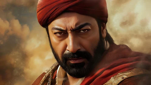 Bearded man in red turban against diffuse cloudy background.