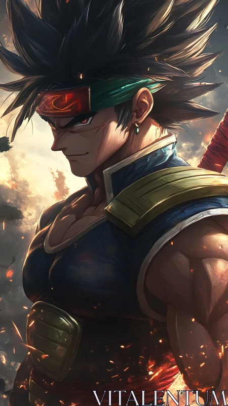 Saiyan warrior stands in ember-filled battlefield glow.