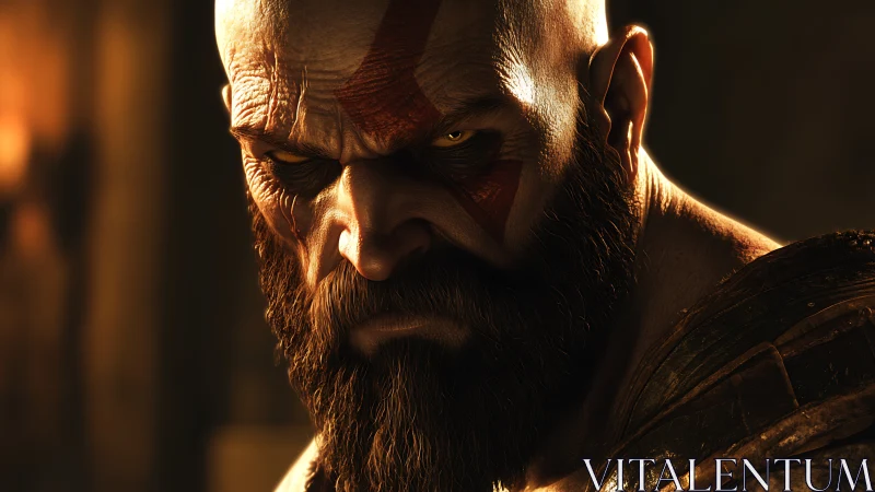 Cinematic close-up of scarred warrior rendered in 3D lighting.