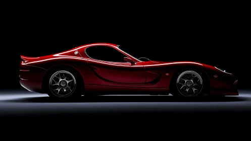 Red sports coupe side profile on dark studio background.