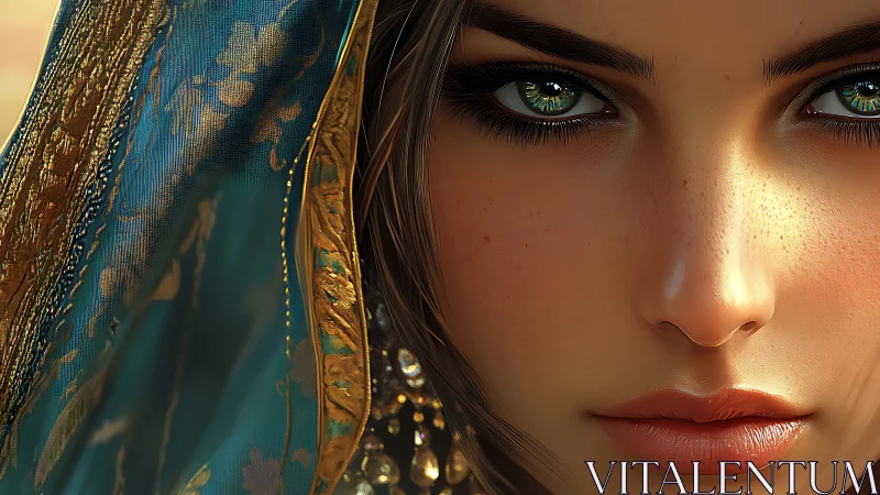 Mystic green-eyed gaze framed by shimmering teal veil.