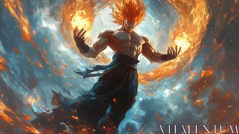 Dynamic digital painting of fiery anime warrior in vortex composition.