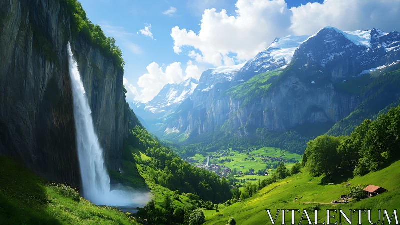 Peaceful alpine waterfall pouring into a sunlit valley.