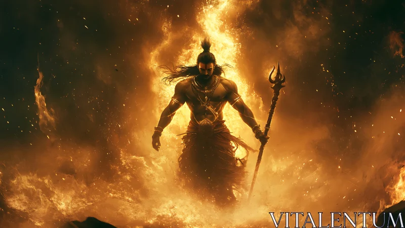 Fire god warrior strides through inferno with blazing trident.