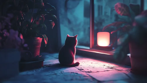 Neon Solitude: Cat in Cyberpunk Urban Sanctuary.