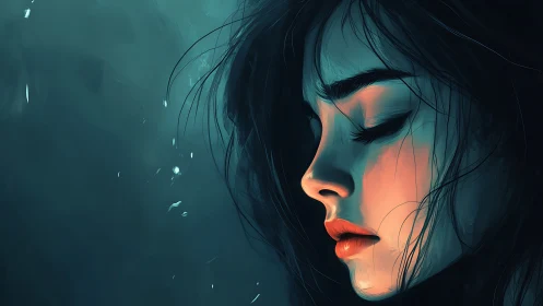 Melancholic profile portrait glows in teal and ember light.