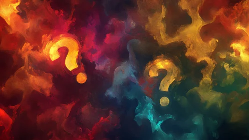 Question marks over multicolored swirling abstract background.