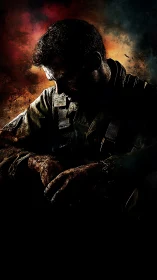 Somber soldier rests quietly against a storm of fading light