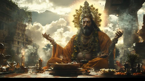 Sunlit temple sage in golden meditation amid swirling incense.