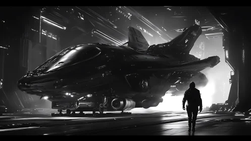 Cinematic sci-fi hangar scene with starship and pilot silhouette.