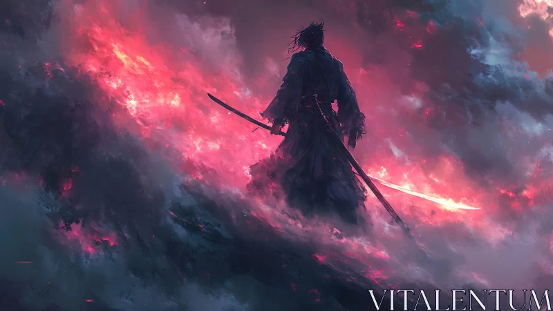 Samurai silhouette stands amid glowing red storm clouds