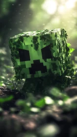 Vine covered voxel creature stalks sunlit forest floor.