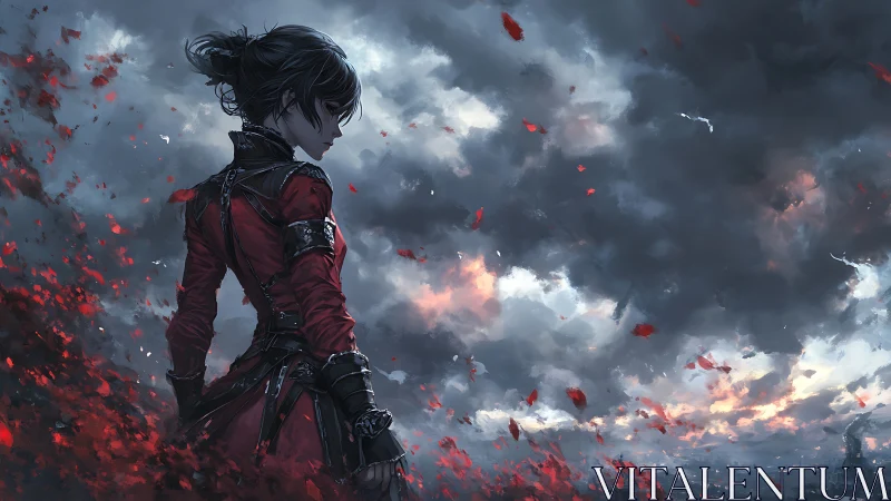 Warrior in crimson coat faces storm of burning petals.