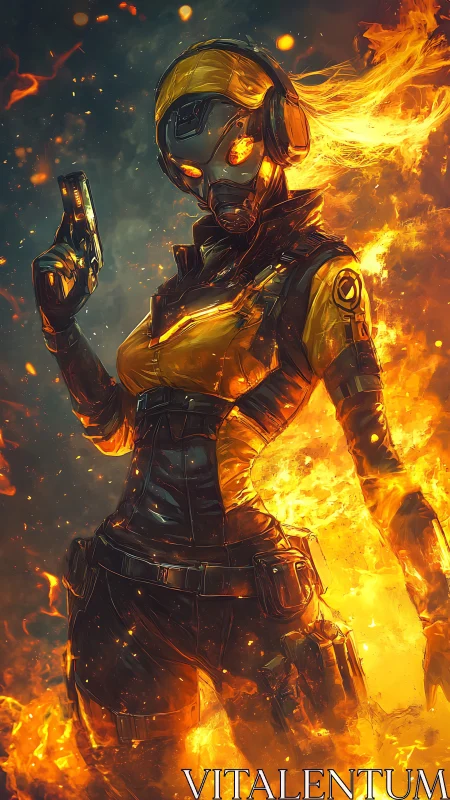 Cybernetic fire assassin strides through roaring inferno.