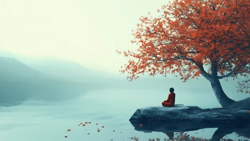 Solitary figure meditating beneath vermilion lakeside tree