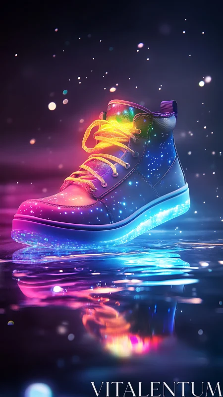 Neon holographic sneaker with luminous sole in wet bokeh scene