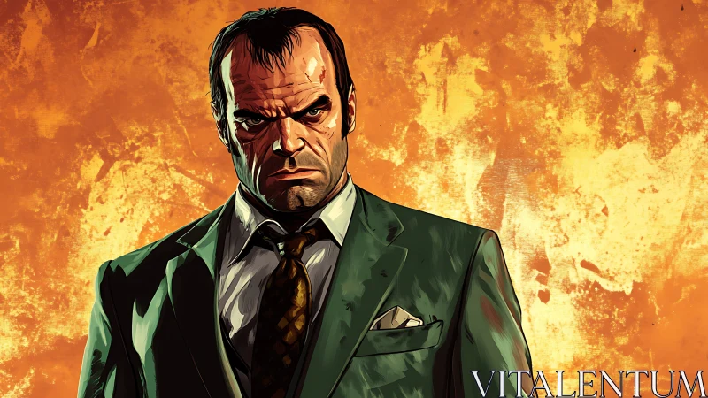 Comic portrait of stern suited man on distressed orange field.