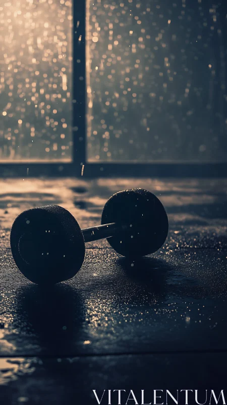 Low-key gym floor still life isolates wet dumbbell silhouette