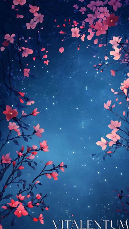 Cherry blossom branches frame a starry blue night sky