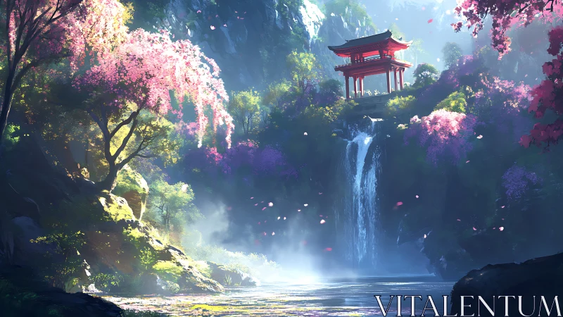 Mountain waterfall landscape with red pavilion and blossoms.