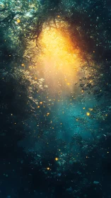 Fireflies drift upward where a secret forest sky catches fire