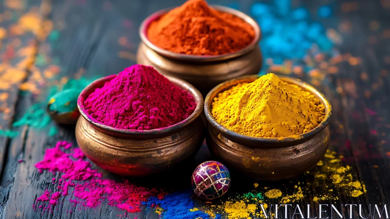 Vibrant Holi pigment powders in brass bowls on dark wood.