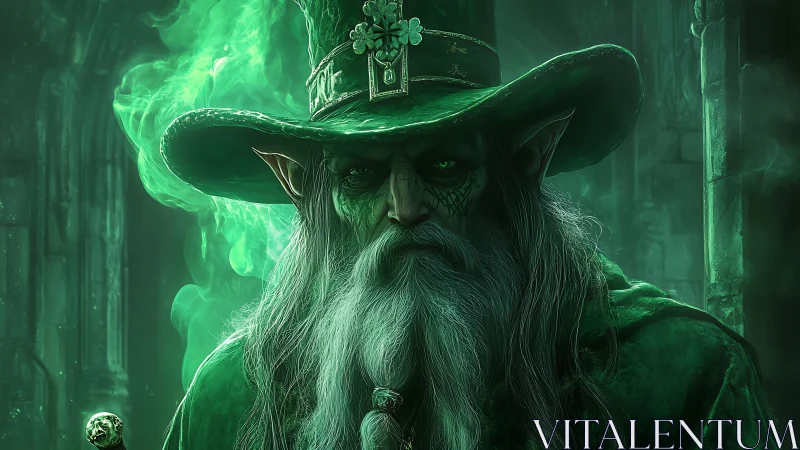 Emerald robed wizard with pointed hat in green vapor field.