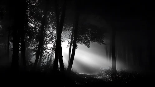 Dark forest scene with strong light beams cutting through.