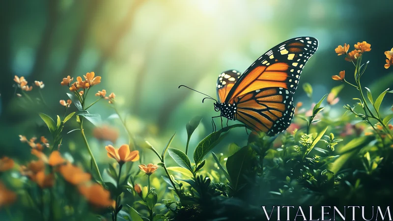 Monarch butterfly rests on sunlit wildflowers in soft forest