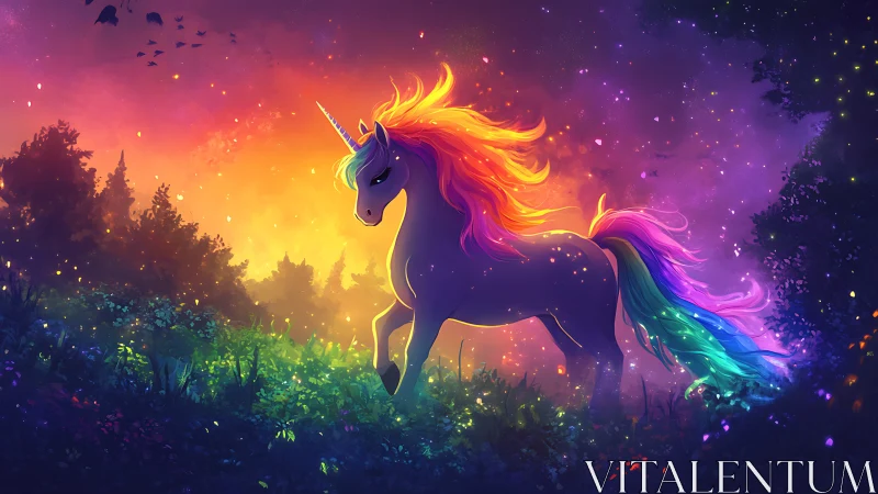 Rainbow-maned unicorn wandering through a glowing dream forest.