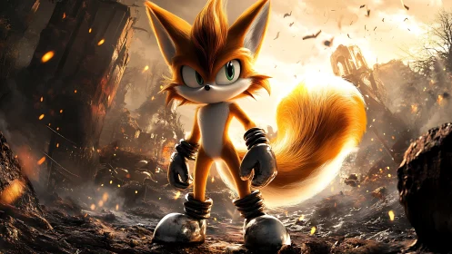 Anthropomorphic fox warrior in cinematic post-apocalyptic ruins