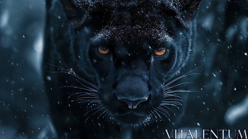 Black Panther with Glowing Amber Eyes in Snowfall.