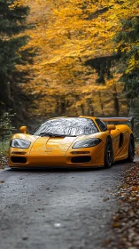 Golden supercar glows against a quiet forest road in autumn
