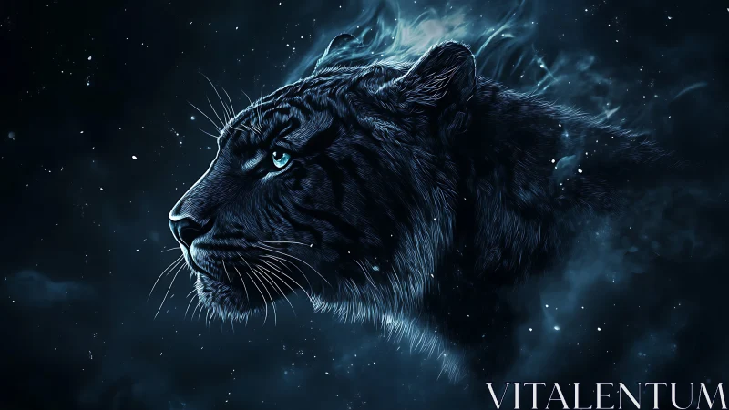Black Panther with Luminous Eyes Against Cosmic Starfield
