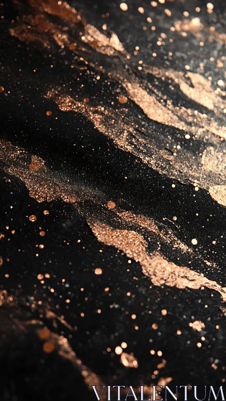 Metallic copper pigment splatter over black textured surface forms dynamic waves