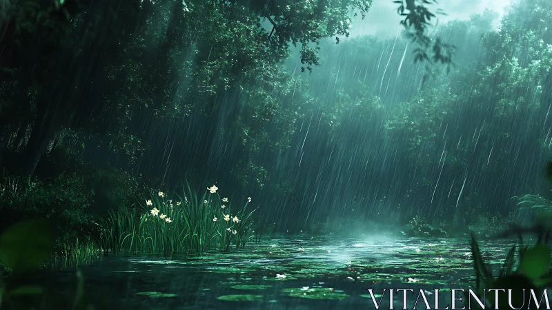 Lily-quiet forest pond dreaming under silver curtain rain.