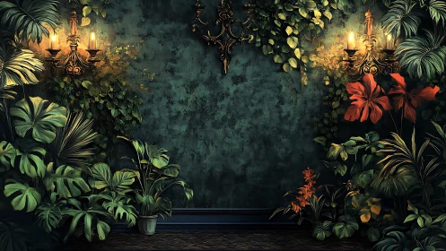 Lush botanical wall with baroque sconces and moody lighting.