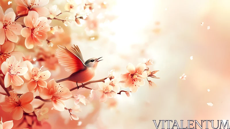 Joyful songbird resting among soft peach blossoms in spring.