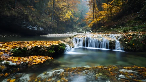 Autumn forest creek with mossy rock ledge and silky waterfall