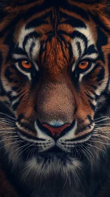 Intense tiger portrait in hyperreal close-up symmetry study.