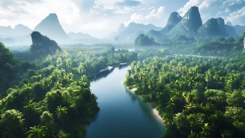 River valley with dense tropical forest and karst hills.