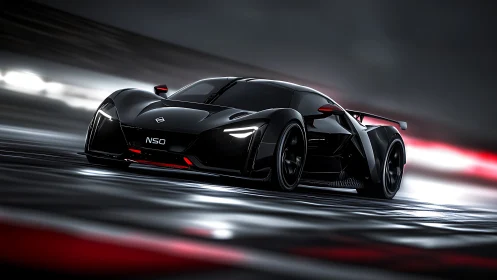 Black futuristic NSO supercar racing on wet night track.