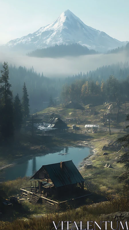 Snow-covered mountain rises over misty forest valley