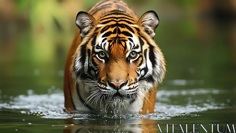 River-stalking tiger locks its golden gaze on the wild.