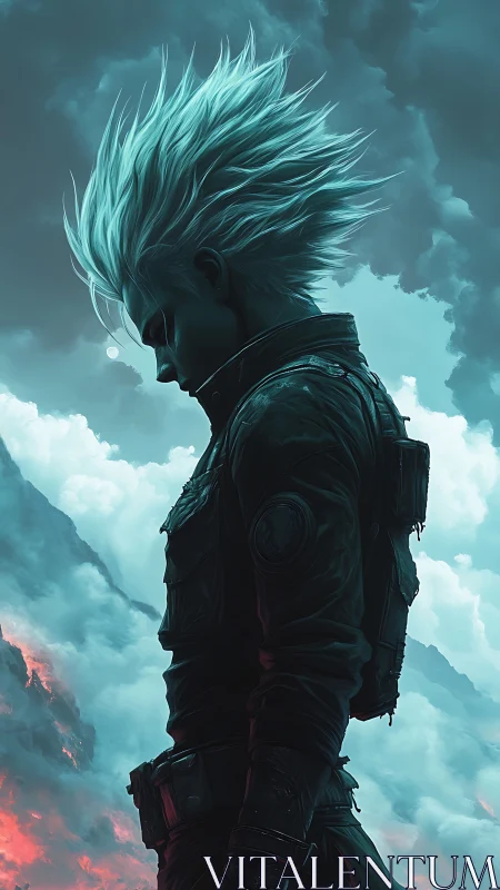Profile portrait of teal-haired soldier against storm clouds