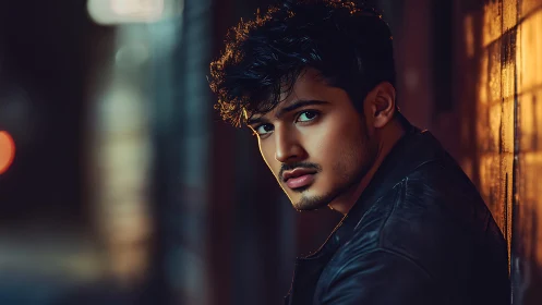 Moody low‑key portrait of man in leather jacket at night