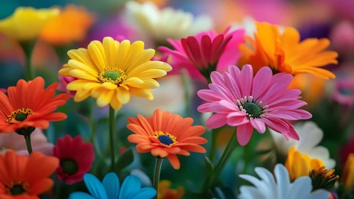 Multicolored gerbera daisies with selective depth focus and chromatic saturation in botanical compos