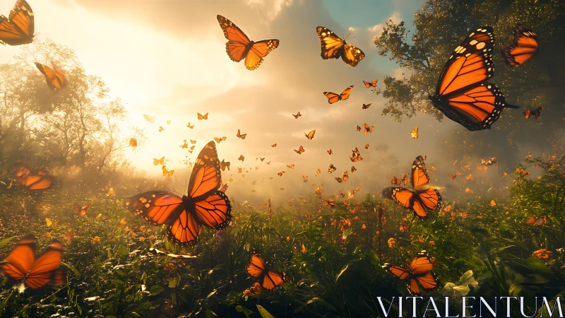 Monarch butterfly swarm at golden hour over wild meadow