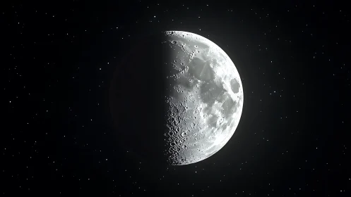 Half-lit moon glows gently against a deep, starry night sky