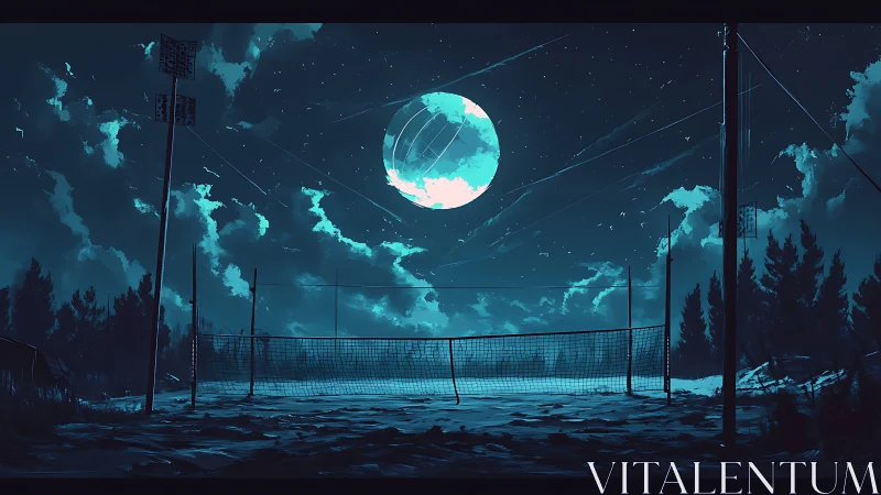 Moonlit abandoned volleyball court rendered in cyan nocturne